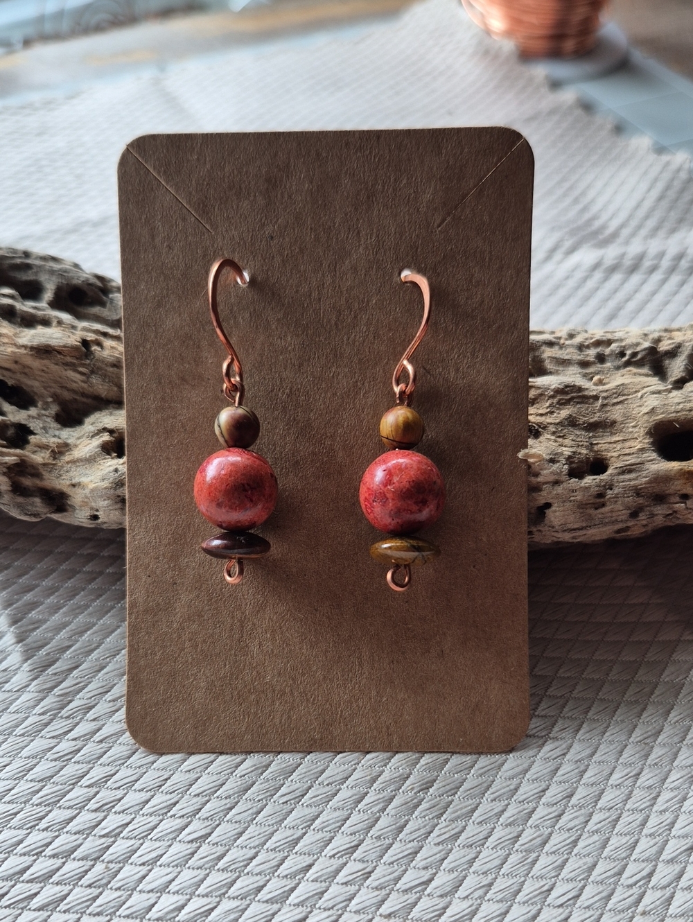 Rustic Red Bead Drop Earrings with Copper Hooks - Women Jewelry